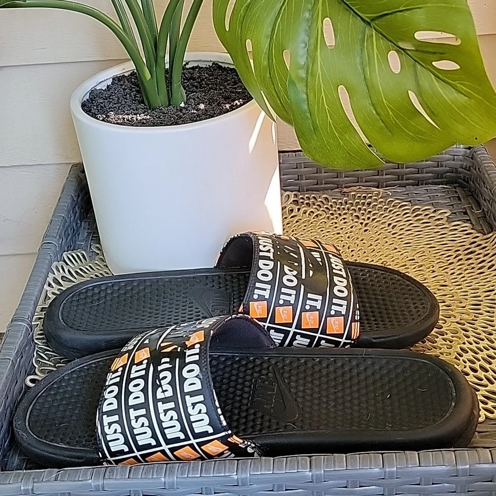 Nike Mens Benassi Just Do It Slide Flat Sandals Black White Orange Size 13